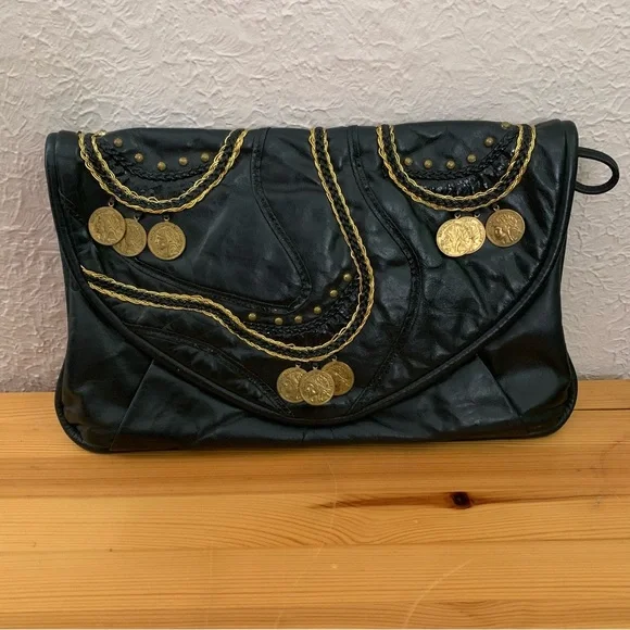 Vintage black leather clutch or crossbody purse with french coins - Picture 2 of 9
